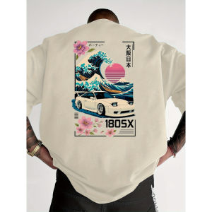 Mens Short-sleeved Japanese Ukiyo-e JDM Car Culture Trend-print T-shirt Casual Street Wear Versatile Across Various Occasions