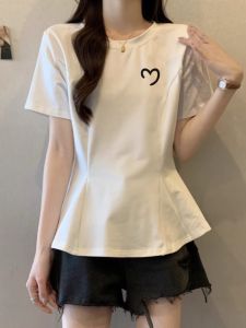 Shoulder Short-Sleeved T-shirt Bottoming Shirt for Women Loose Plus Size Plus Size Ladies Slimming Belly-Covering Cinched Peplum Ruffle Top