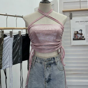 Áo Ba Lỗ Hở Lưng Ngắn Thời Trang Gợi Cảm Hai Bên Có Dây Rút Cổ Áo Vest Kim Loại Thiết Kế Cho Nữ Tuổi Từ 18-24 Mùa Hè 2024