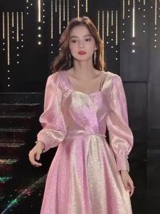 DINNER DRESS French Pink Dresses Noble Luxury Banquet Evening Gowns 粉色晚礼服高端宴会长袖长款连衣裙珍珠点缀