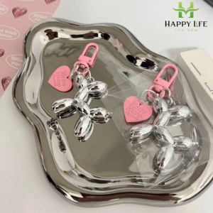 Móc khóa charm chó bóng bay kèm trái tim hồng cute – Set 2 cái – Trang trí túi xách balo chìa khóa