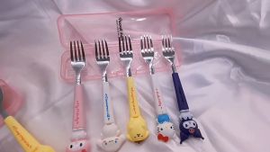 Student Portable Fork Spoon Cartoon Tableware 2-piece Set Kuromi Sanrio Stainless Steel Tableware
