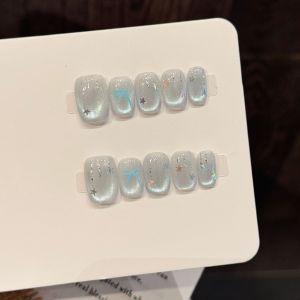 10pcs Handmade Fake Nails Short Oval Silver-blue gradient bow Press On Nails False Nails French Fresh flash drill design