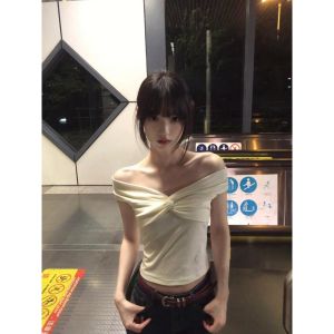 American Style Knot Shoulder Short Sleeve White T-Shirt Womens Summer High-End Pure Desire Slimming Personality Top