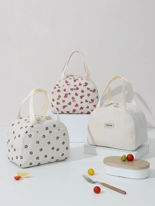 Stylish Floral Corduroy Lunch Bag Portable Thermal Insulation Handbag Lunch Box Reusable Large Bento Cooler Bag for Work and Picnic