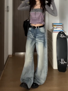 Retro American Washed Cat Knife Edge High Waist Loose Wide Leg Jeans for Women Autumn New Style Casual Comfortable Denim Pants