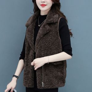 Womens Faux Fur Vest Short Thickened Autumn Winter Fashion Warm Coat Lamb Fur Vest Zipper Closure Pure Color Commute Style
