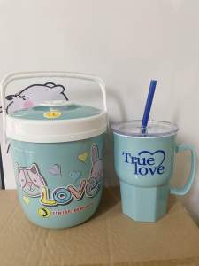 Combo bình giữ nhiệt mini 1lit + Ly nhựa kèm ống hút màu xanh baby