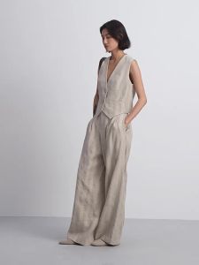 Womens Summer Linen V-Neck Striped Short Vest