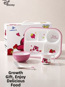 Disney |  Strawberry Bear Childrens Four-Piece Dining Set Square Divided Plate Girls Dining Utensils Set Gift Box Age 2-6