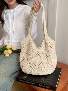 Elegant Hollow out Woven Beach Bag Womens Single Shoulder Handbag Soft Bucket Shape Large Size Casual Magnetic Buckle Closure