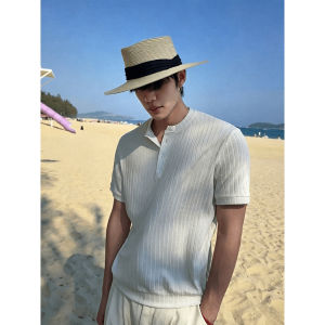Retro Style Polo Shirt Henry Collar Tshirt Pleated Pants Set