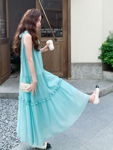 Unique Blue Green French Style Beautiful Hanging Neck Dress Womens Summer New Fairy Skirt Korean Style Loose Waist Short Sleeve Long Dress