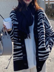 Womens Long Sleeve V-Neck Knitted Sweater Coat Mink Velvet Loose Fit Medium Length Autumn Winter Fashion Soft Striped Open Cardigan