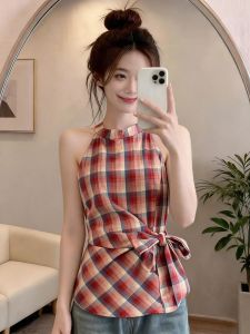 Áo Phối Nơ Sau Lưng Kiểu Carô Đỏ Dùng Giảm Cân