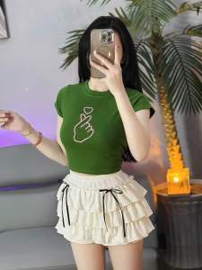 Áo croptop thun cổ tròn tay ngắn áo tim ảnh chụp thật