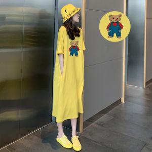 ชุดเดรสคอตตอนแขนสั้นทรงหลวมสำหรับฤดูร้อน กระโปรงยาวคลุมเข่า ผ้าฝ้ายแท้ กระโปรงทรงเอ เสื้อผ้าทำงานสไตล์เกาหลี