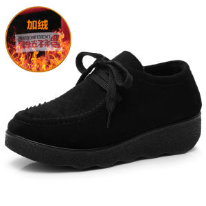 Giày Vải Bắc Kinh Cũ Mẫu Thu Đông Giày Nữ Tods Đế Dày Giày Bông Lót Nhung Giày Làm Việc Màu Đen Gót Cao Vừa Thắt Dây Đế Xốp