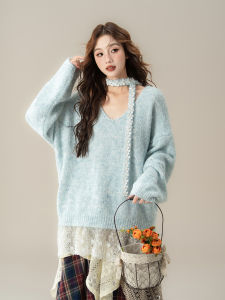 Áo Sweater Cổ V Thêu Ren Rộng