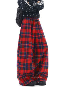 V37 | American Retro Red Checkered Casual Mens Pants Trousers Fall Season Wide Leg Drape Comfort Tapered