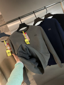 Thickened Fleece Lined Embroidered Hoodie Sweatshirt for Men Casual Solid Color round Neck Pullover Autumn Winter Streetwear