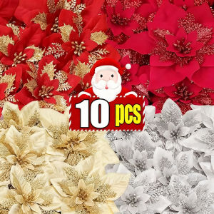 【Hibeautylife】10Pcs Christmas Red Gold Glitter Flowers Artificial Poinsettia Flower for Xmas Tree Ornaments Navidad New Year Party Home Decoration