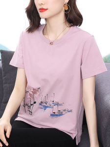 Pure Cotton Short Sleeve T-Shirt Womens Mom Style Summer Clothes Loose Large Size Top Fashionable Small Shirt for Middle-Aged And Elderly