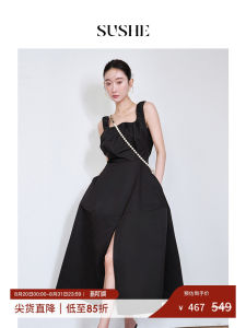Black Wave Lazy U-neck Sleeveless Dress High Slit Slimming A-line Midi Dress Summer Commute Style Invisible Zipper Frock