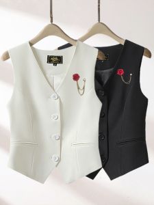 Fashionable White Slim Fit Womens Vest Short Shoulder Pad Korean Style Commute Slimming Versatile Polyester Fiber V-neck Button Detail