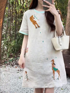 Retro Contrast Color Embroidery Horse Cotton Linen Loose Slimming Short Simple Match All Reduce Ageing Dress Trendy