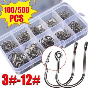 【Rotatingjump】500 chiếc bộ lưỡi câu một vòng thép carbon cao lưỡi câu câu cá bằng ruồi nhân tạo móc cá chép gai Phụ Kiện Dụng cụ câu cá nước ngọt nước mặn 3 #12 #