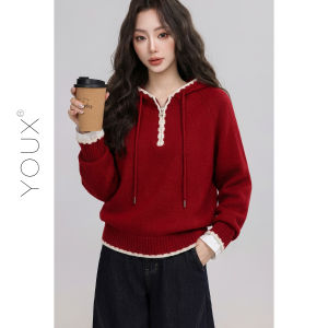 YOUXIANG | Áo Hoodie Nửa Mở Màu Đỏ Cho Phụ Nữ Tết Nguyên Đán