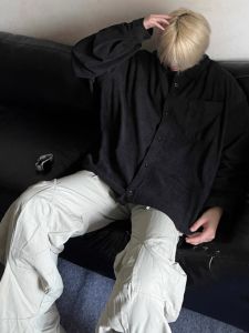 Black Fancy Handsome Shirt Mens Autumn Corduroy Vintage American Retro Long Sleeve Shirt Coat