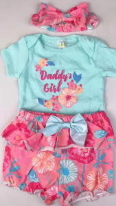 PAYI BABY-3PCS Baby Girl Short Sleeve Onesie Romper Cotton Bodysuit + Headband + Floral Frill Shorts