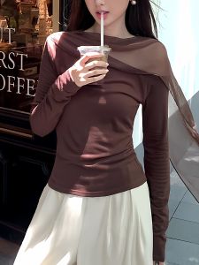 Retro American Style Womens Long Sleeve Base Shirt with Sash Mesh Slant Shoulder Design Early Autumn Coffee Color Slimming Top