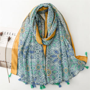 Summer New Ethnic Style Silk Scarf Travel Outfit Matching Green Yellow Geometry Sunscreen Shawl Lightweight Poly Fiber