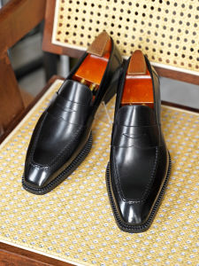 Business Casual Mens Penny Loafers Summer Leather Breathable Slip-On Square Head Business Shoes Comfortable Fashion Sneakers