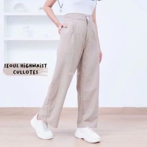Celana Kulot Linen Highwaist Loose Pants HW Jumbo Pinggang Kerut Premium/Celana Kantor Polos Wanita
