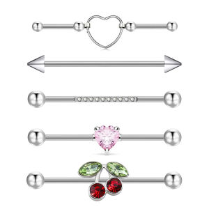 Heart-Shaped Zircon Crystal Cherry Stainless Steel Industrial Barbell Earrings 14g Industrial Earrings Tragus Cartilage Jewelry