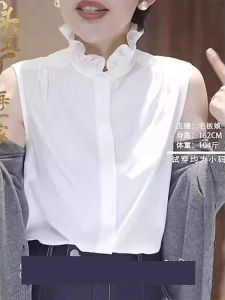 เสื้อเชิ้ตผ้าชีฟองแขนกุดสไตล์ฝรั่งเศสสำหรับผู้หญิงในฤดูร้อน เสื้อเชิ้ตคอตุ๊กตาสีขาว เสื้อเชิ้ตคอกลมคอตตอนระบายอากาศได้ดีสำหรับใส่ทำงาน