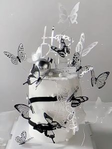 [Ready Stock] Black White Butterfly Happy Birthday Cake Topper Wedding Bride Dessert Decoration 蝴蝶蛋糕装饰 rama rama