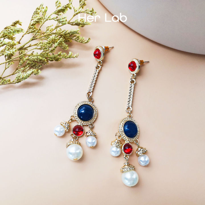Her Lab Jewelry 14K Gold Plated Earrings, Blue Red Crystal