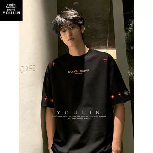YOULIN | Embroidered Grey Graphic Design T-Shirt Mens Summer