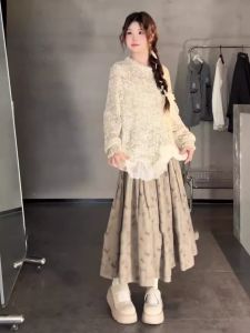 XUECAIQI | Spring Lace Knitted Layered Butterfly Print Tee & Skirt Three-piece Set