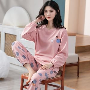 ชุดนอนผู้หญิง Pure Cotton Long Sleeve round Neck Home Clothes ชุดนอนฤดูใบไม้ผลิและฤดูใบไม้ร่วง ชุดนอนฤดูใบไม้ร่วงและฤดูหนาวที่สวมใส่ได้ด้านนอก