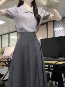 เสื้อเชิ้ตแขนสั้นผ้าชีฟองสีน้ำเงินสไตล์ฝรั่งเศสสำหรับผู้หญิงในช่วงฤดูร้อน เสื้อเชิ้ตคอโปโลทรงหลวมสำหรับใส่ไปทำงาน