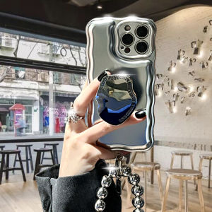 Fashionable Wave Plated Silver Phone Case for Apple 16Promax Soft Silicone Protective Cover with Stand Bracelet Anti-Fall Girls Style