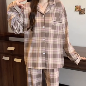 Korean Soft Cotton Pantulog Terno for Women Retro Plaid Print All-season Pajama Set- Soft Breathable Loungewear