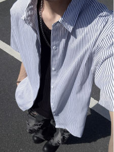 American High Street Stripe Short Sleeve Shirt Men Summer New Fashion Loose Casual College Style Shirt Jacket Youth Daily Wear