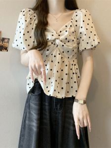 Sweet Bubble Sleeve V-Neck Chiffon Shirt Women Summer plus Size Slimming Waist Cinched Belly Covering Polka Dot Top